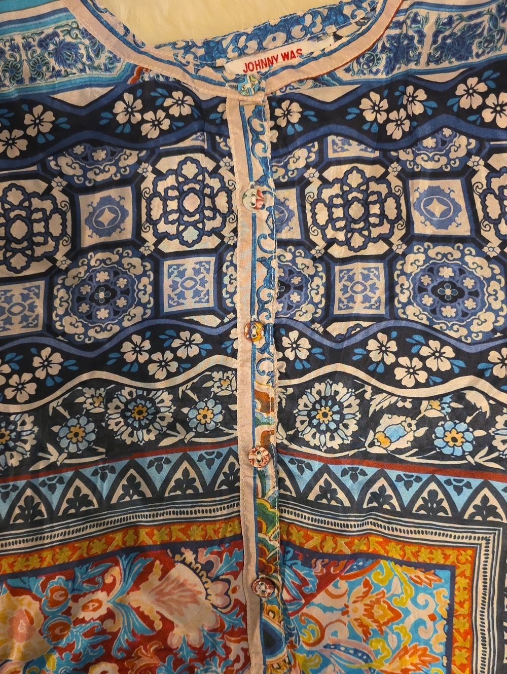 Johnny Was Multicolor Blue Paisley Patchwork Tunic Size L 100% SILK - Picture 3 of 6